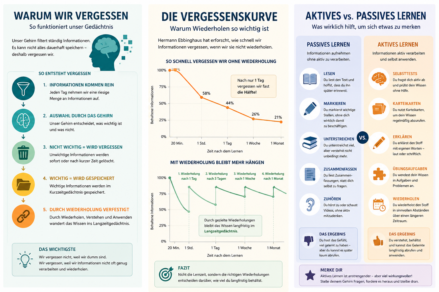 Vergessenskurve Infografik: Warum wir uns Gelerntes nicht merken – aktives vs. passives Lernen und der Einfluss regelmäßiger Wiederholungen