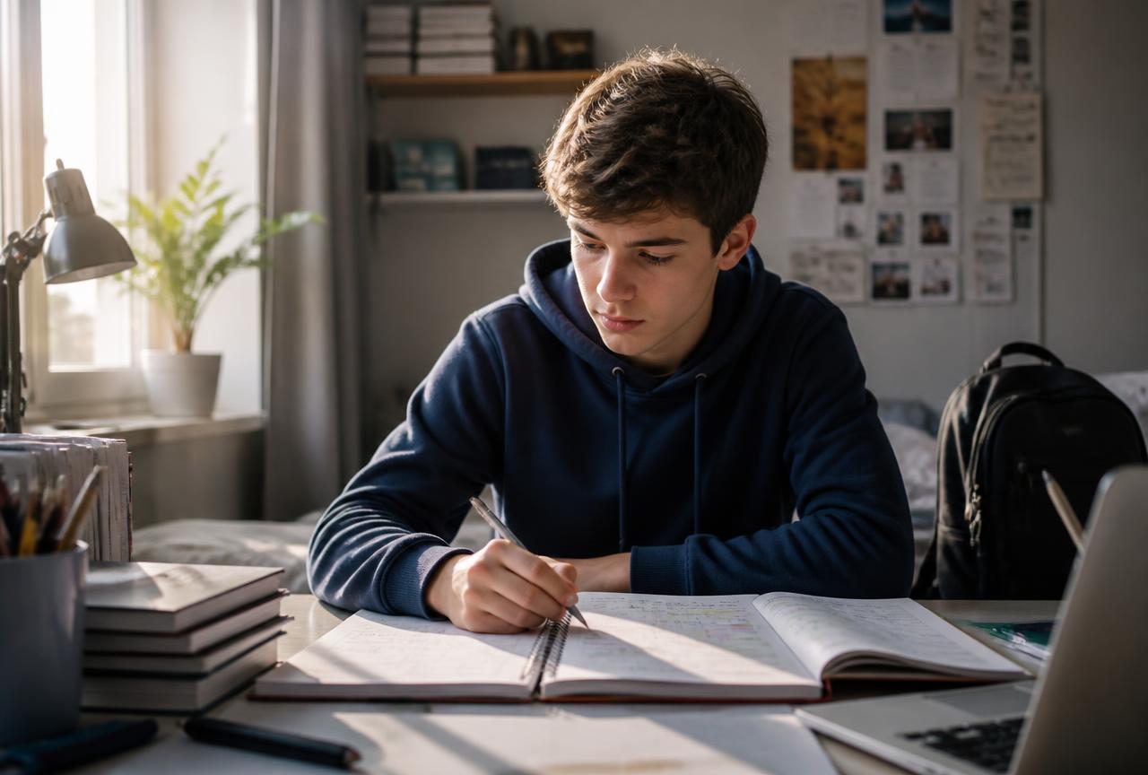 Europäischer Jugendlicher sitzt am Schreibtisch, blickt nachdenklich in sein Heft und plant den Start ins neue Schuljahr