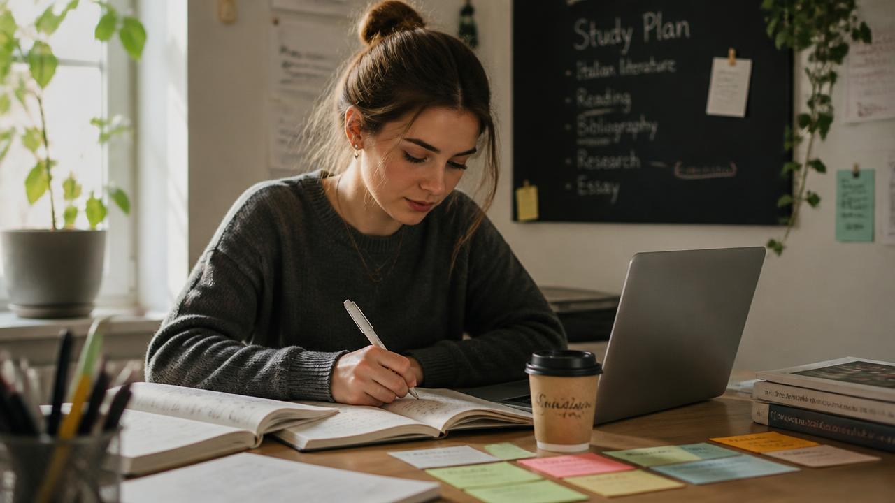Junge europäische Studentin plant am Schreibtisch mit Laptop, Notizbuch und Karteikarten ihre Lernstrategie für das Studium