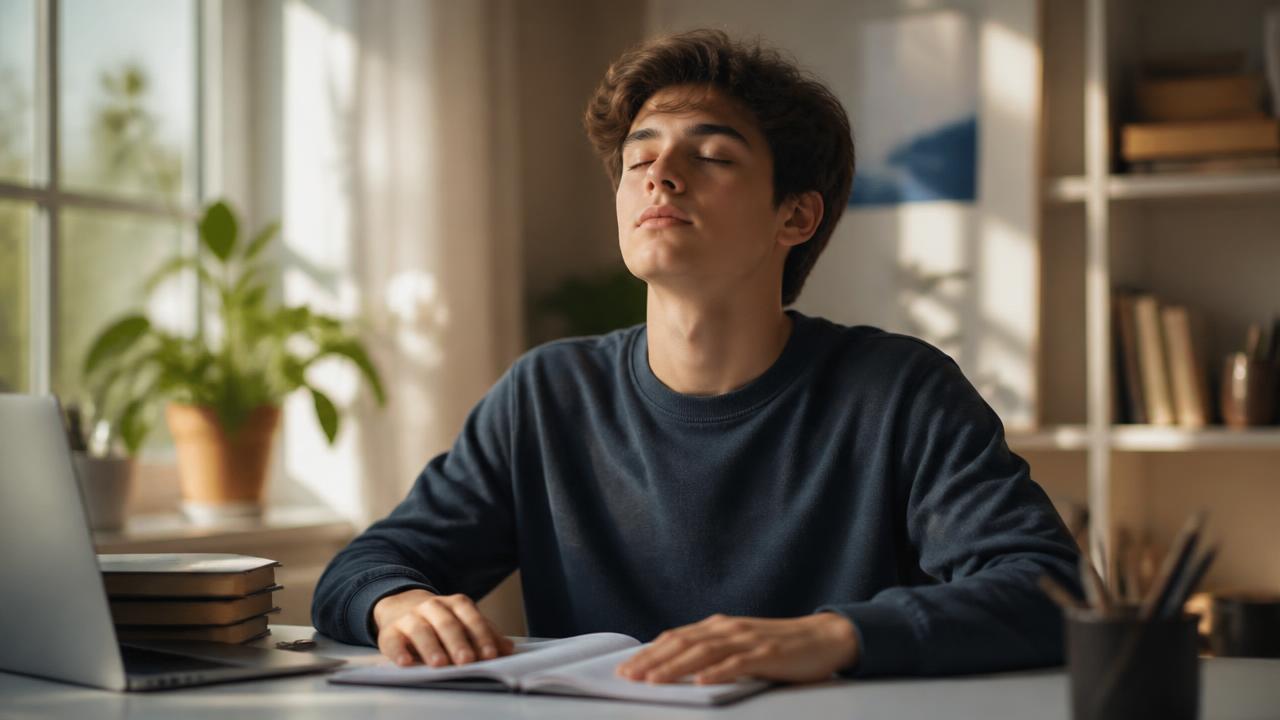 Junger europäischer Schüler sitzt entspannt am Schreibtisch und atmet tief durch – Symbol für mentale Stärke beim Lernen