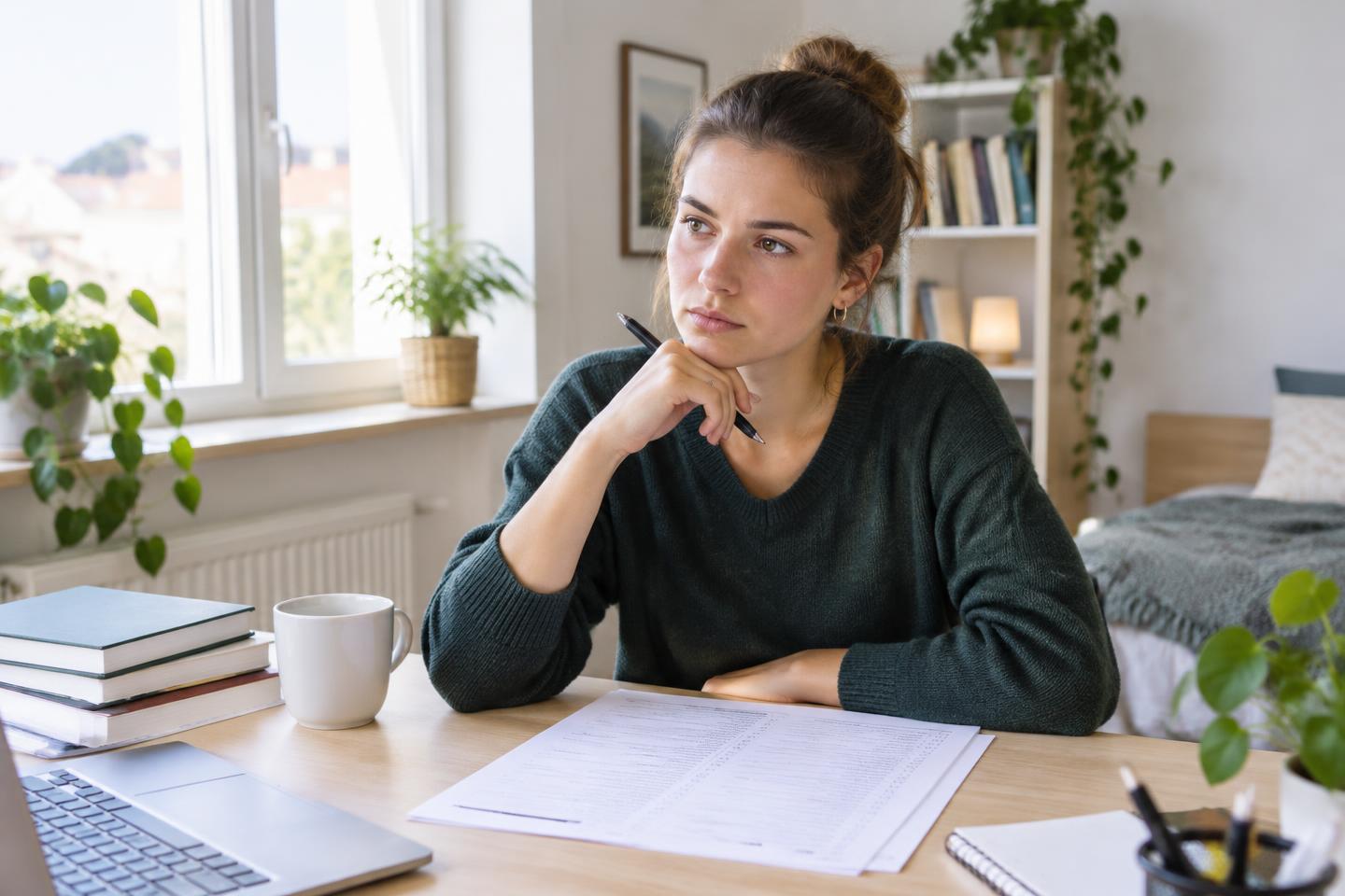 Studentin am Schreibtisch bei der Prüfungsvorbereitung